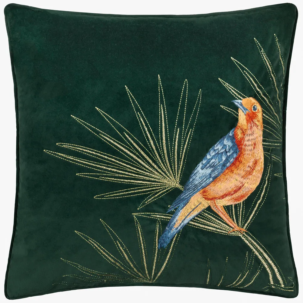 Odisha Exotic Bird Embroidered Cushion Emerald