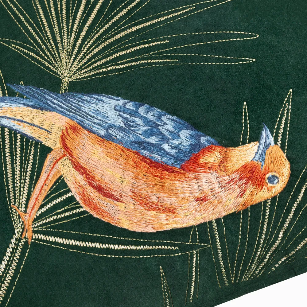 Odisha Exotic Bird Embroidered Cushion Emerald