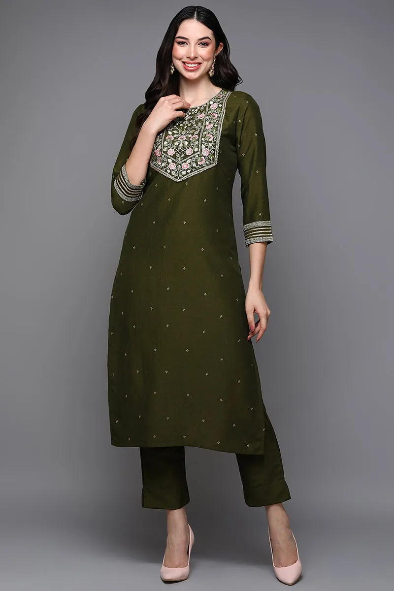 Olive Silk Blend Floral Straight Kurta