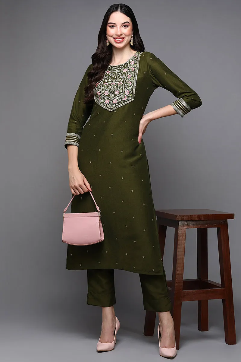 Olive Silk Blend Floral Straight Kurta
