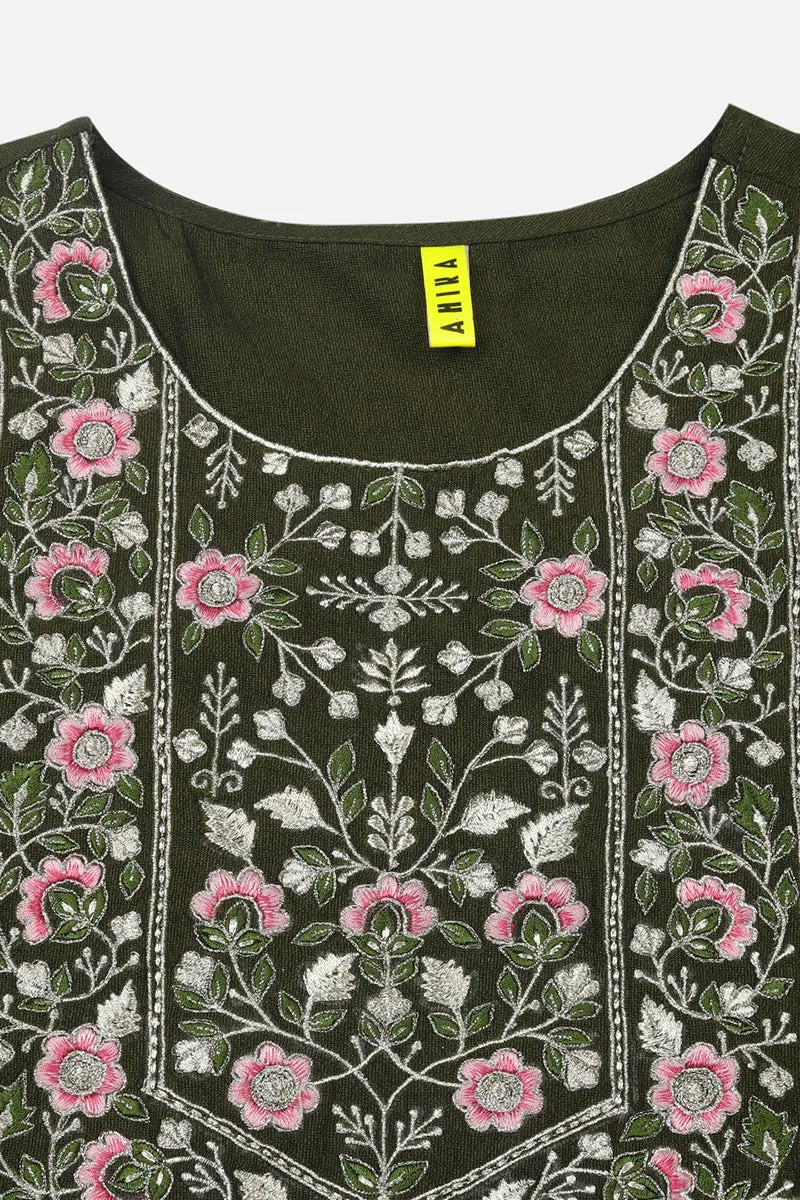 Olive Silk Blend Floral Straight Kurta