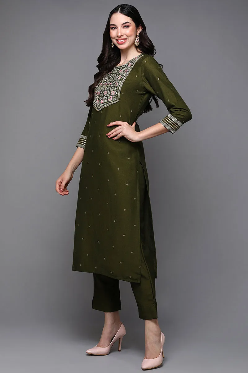 Olive Silk Blend Floral Straight Kurta