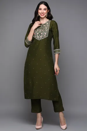 Olive Silk Blend Floral Straight Kurta