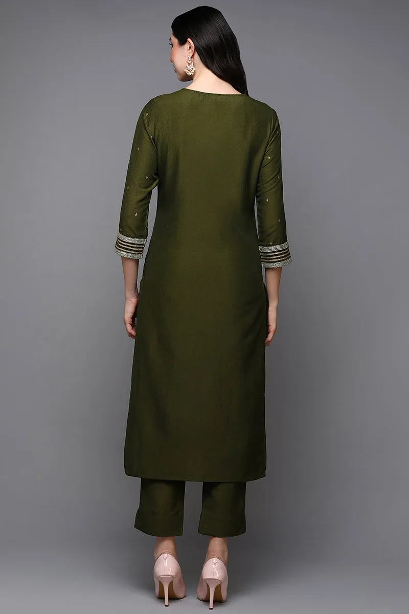 Olive Silk Blend Floral Straight Kurta
