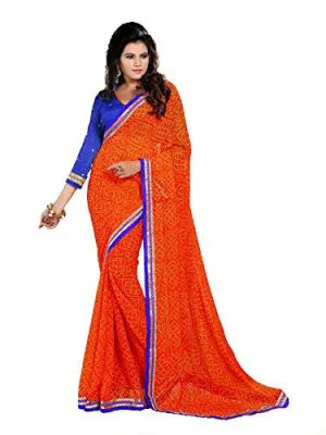 Oomph! Bandhni Printed Chiffon Saree With Dupion Silk Blouse And Embroidered Border (Indian Orange and Indigo Blue)