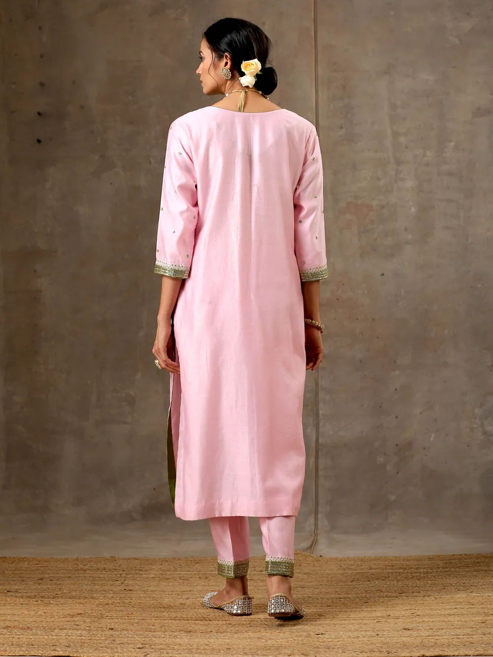 Pink Green Hand Embroidered Chanderi Silk Kurta Set