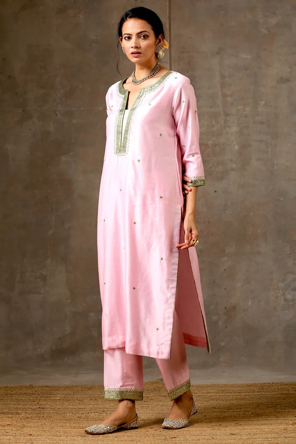 Pink Green Hand Embroidered Chanderi Silk Kurta Set