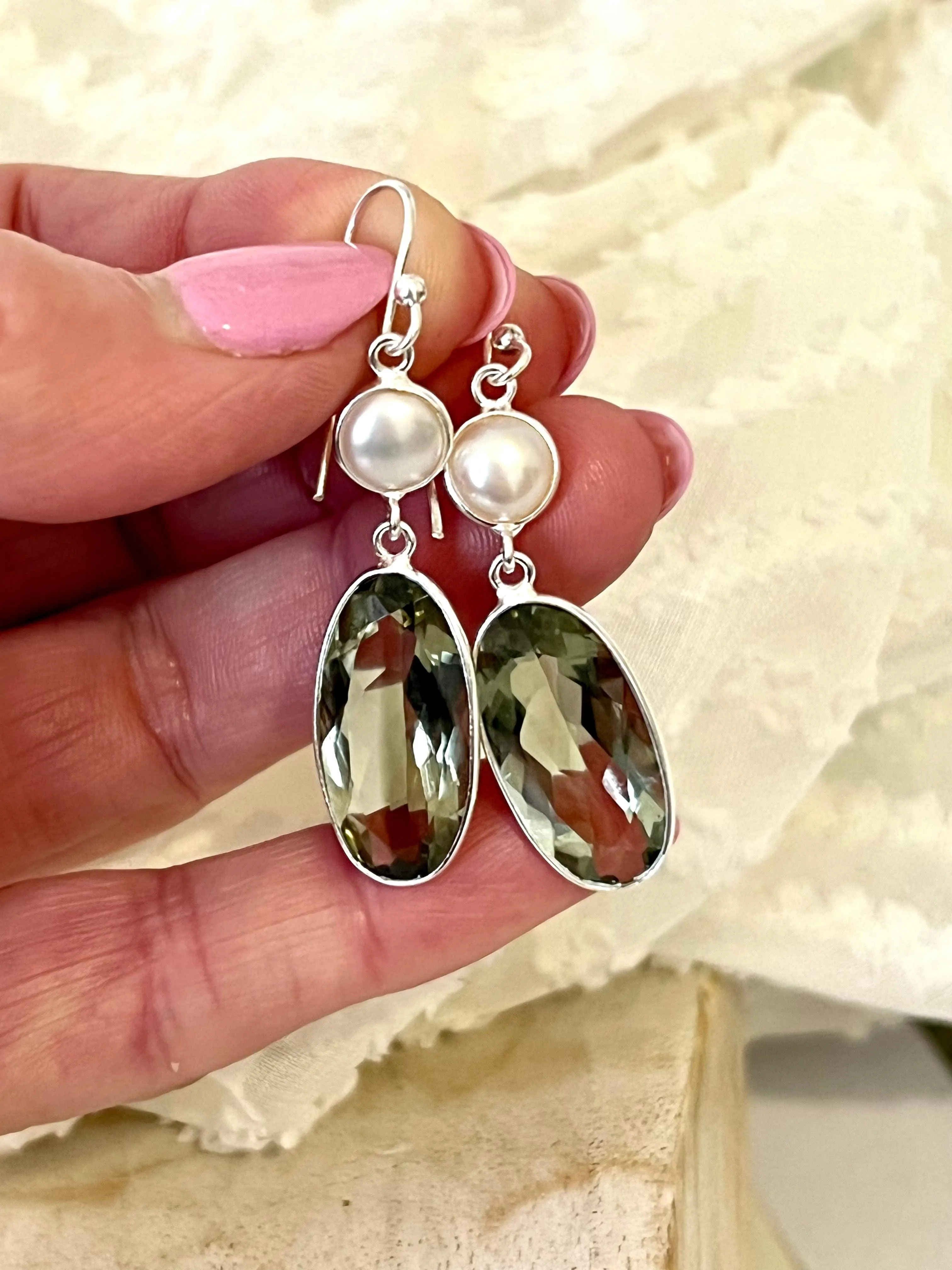 Prasiolite and Pearl Drops
