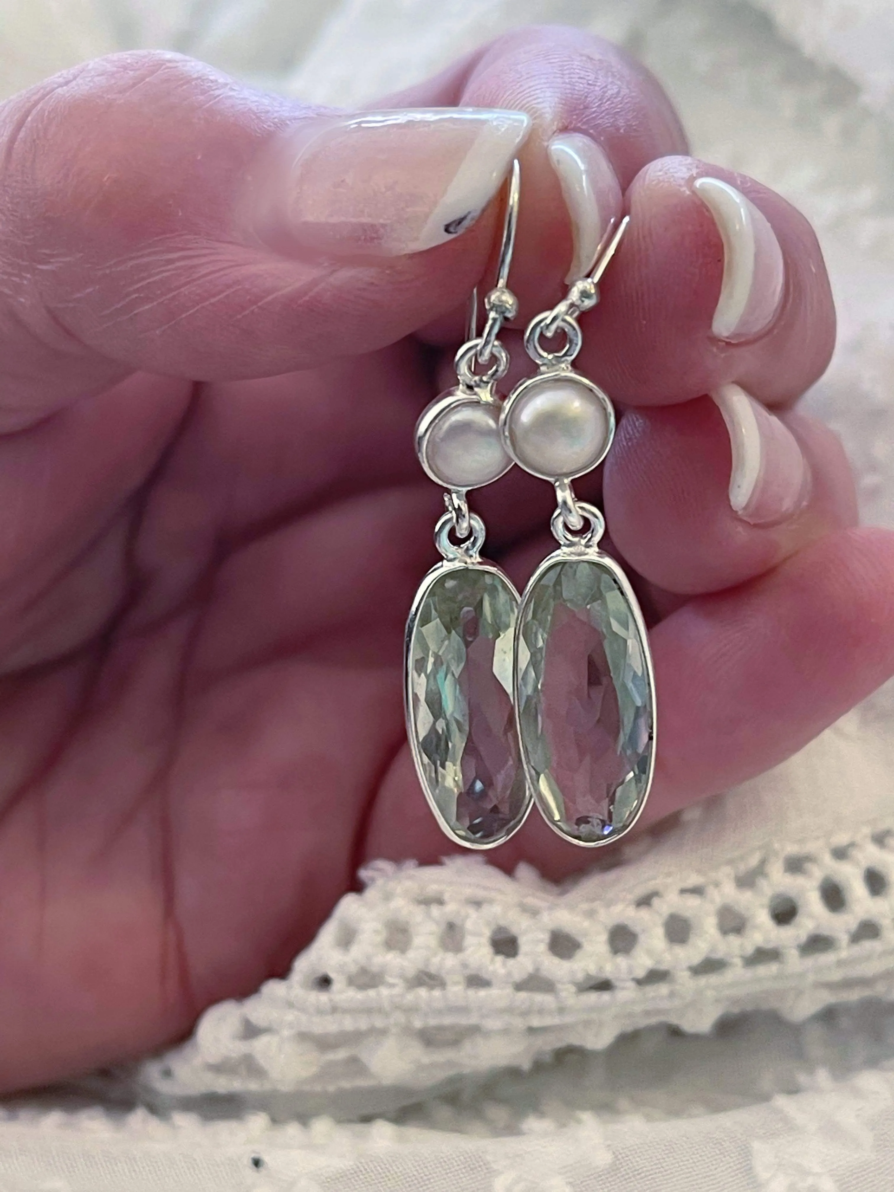 Prasiolite and Pearl Drops