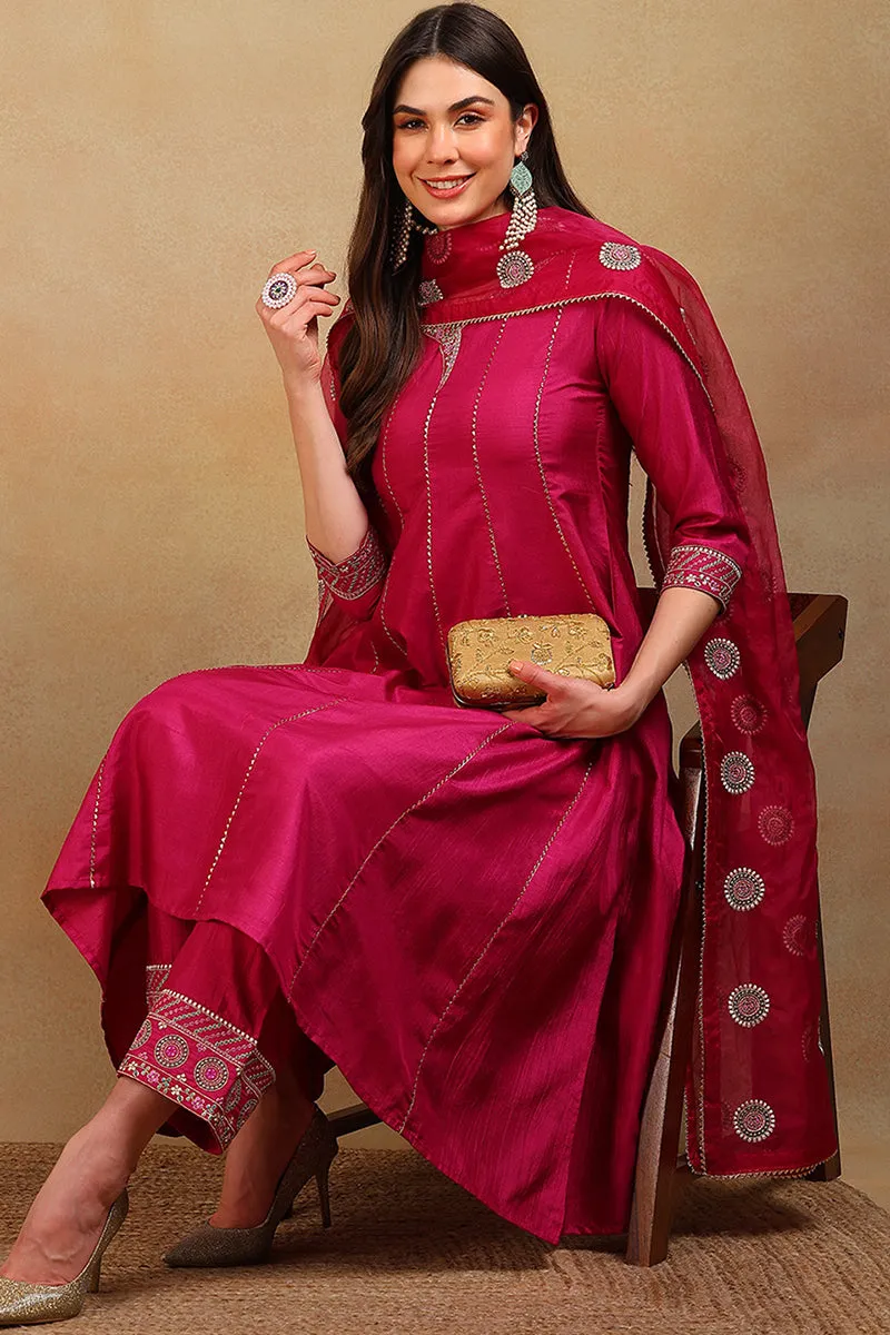 Purple Silk Blend Solid Embroidered Flared Suit Set