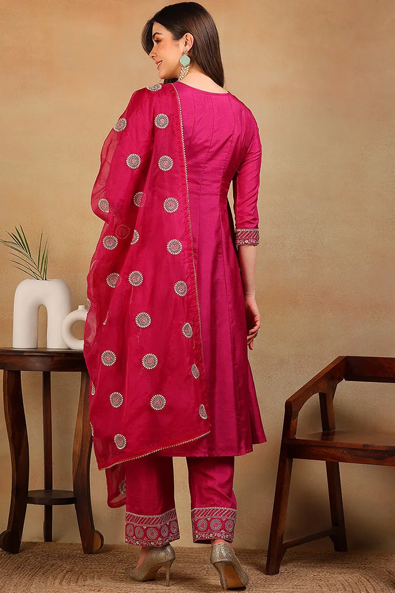 Purple Silk Blend Solid Embroidered Flared Suit Set