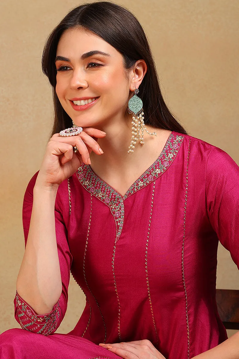 Purple Silk Blend Solid Embroidered Flared Suit Set