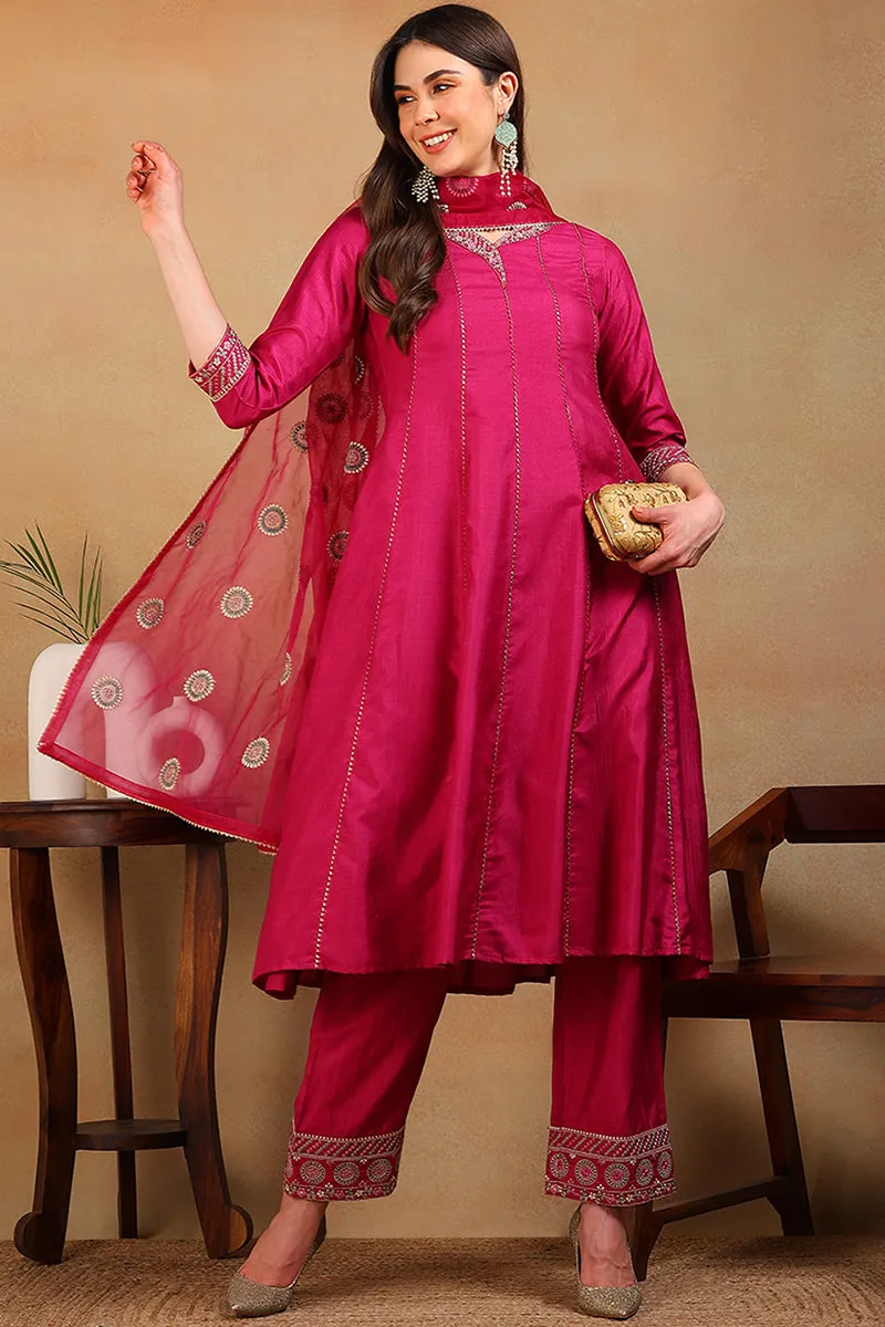 Purple Silk Blend Solid Embroidered Flared Suit Set