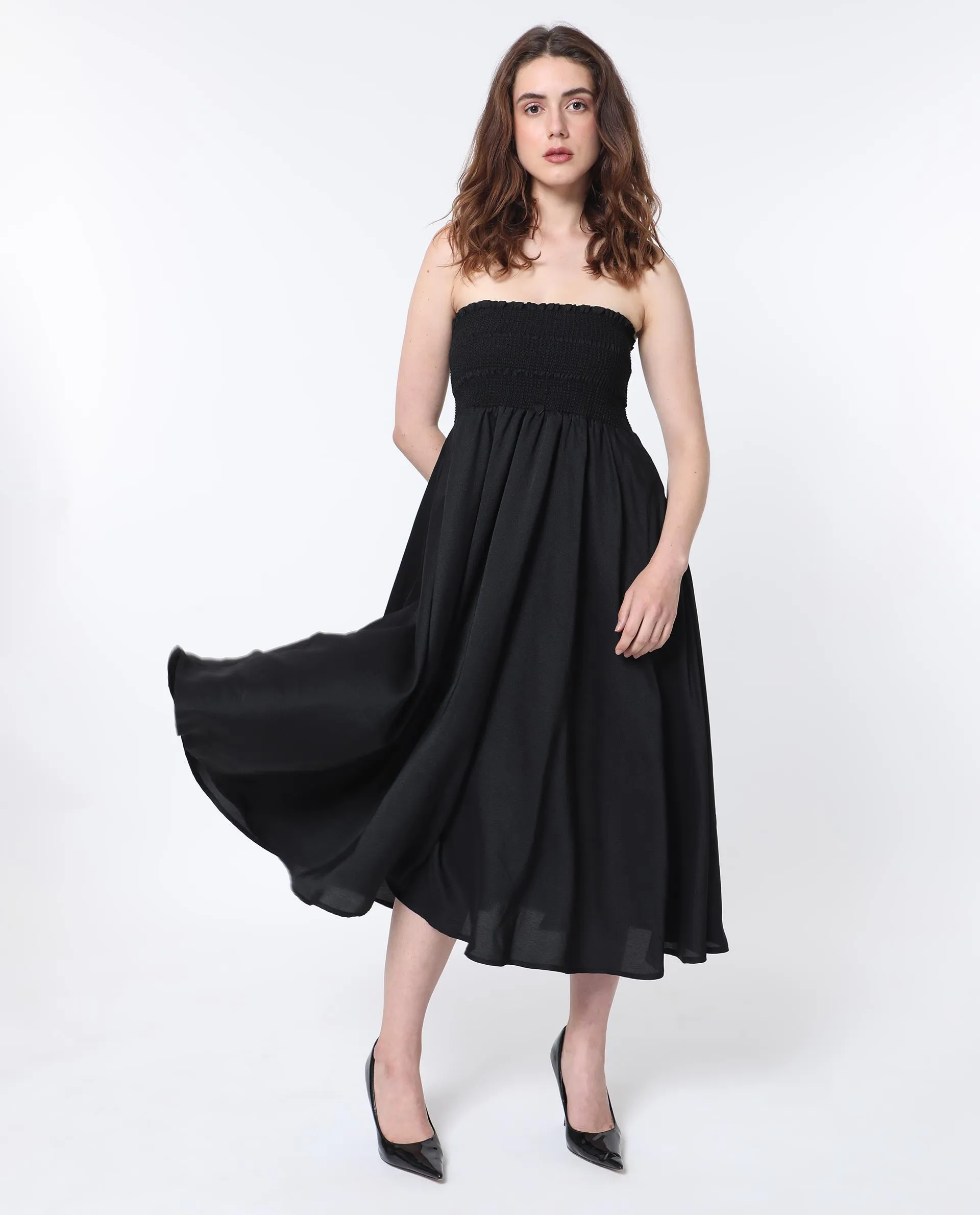 Rareism Women Gimpel Black Viscose Nylon Fabric Sleeveless Shoulder Straps Fit And Flare Plain Maxi Empire Dress
