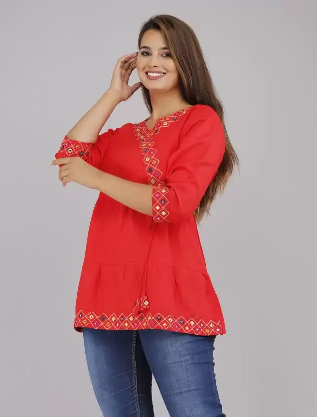 Red Rayon Top with Embroidery Work - Length 30