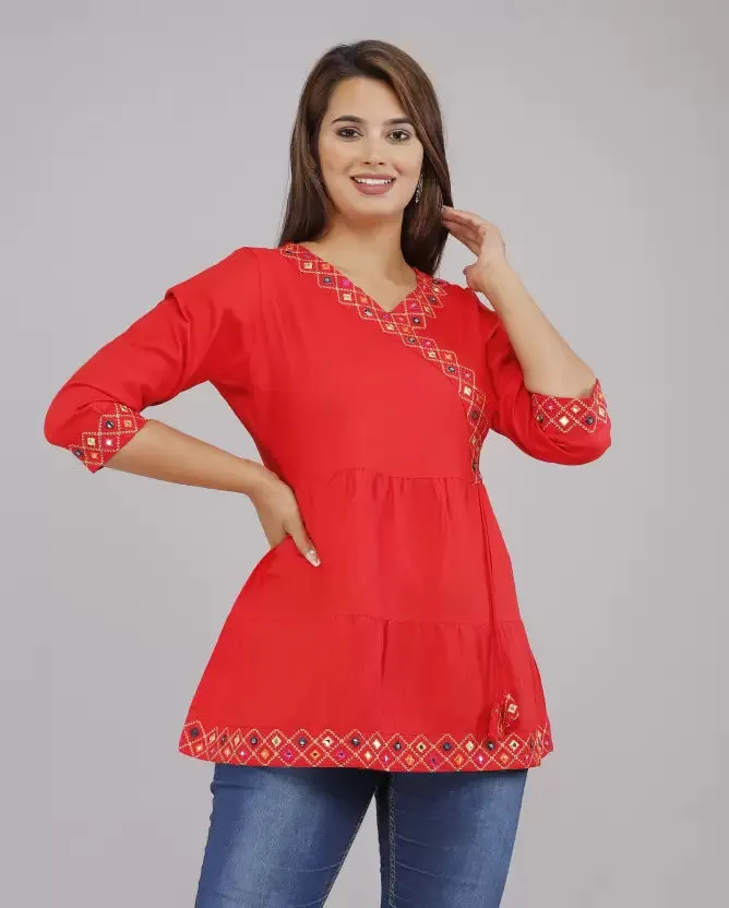 Red Rayon Top with Embroidery Work - Length 30