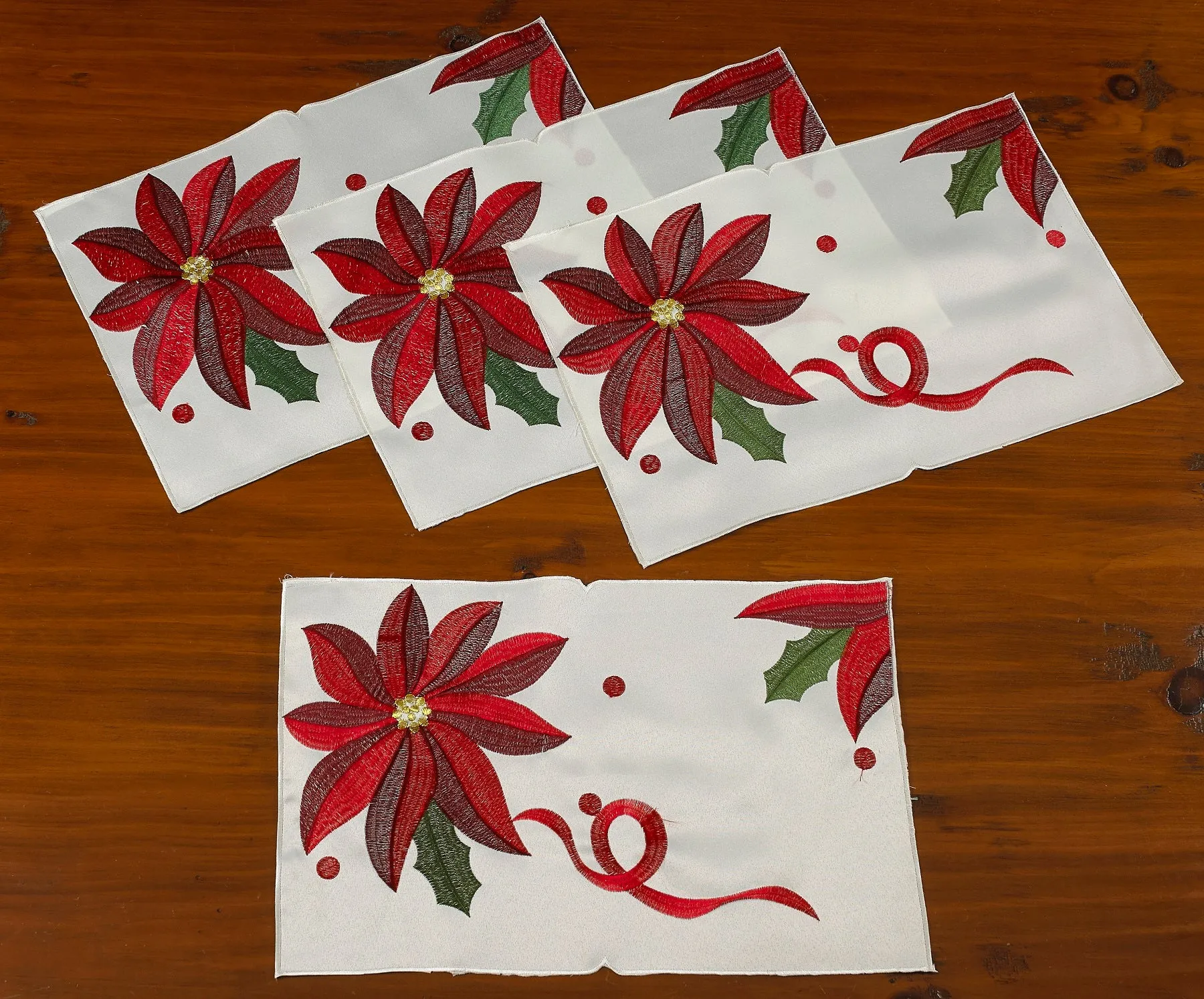 Seasonal Bloomy Christmas Embroidered Poinsettias Decorative Place Mats
