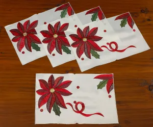 Seasonal Bloomy Christmas Embroidered Poinsettias Decorative Place Mats