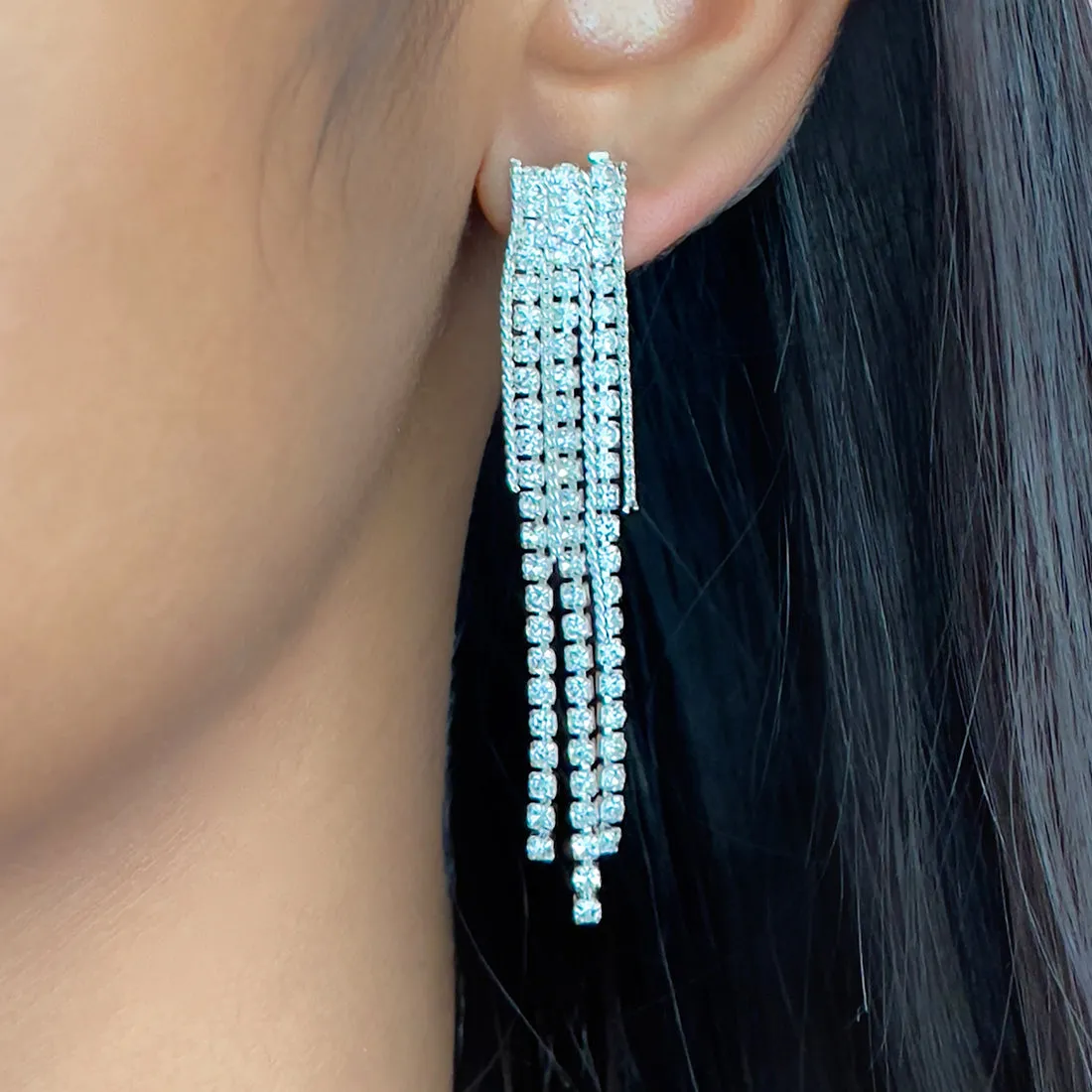 Set Of Two Contemporary White Diamante Crystal Studded Gold & Silver-Toned Tassel Drop Earrings