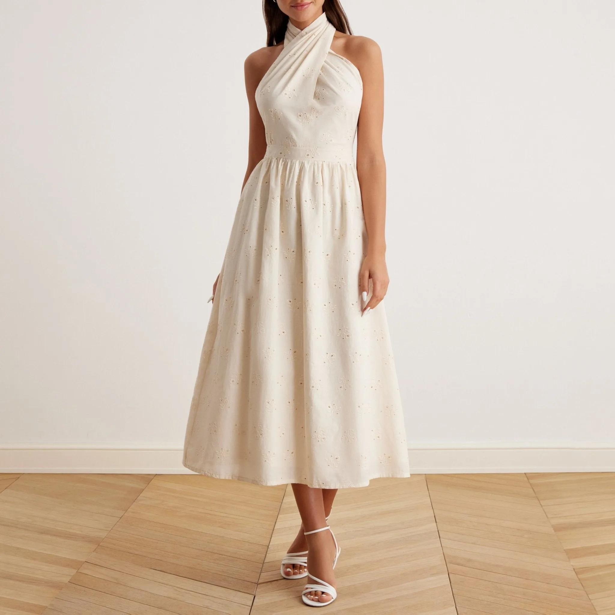 Twist Tie Embroidered Midi Dress in Cotton