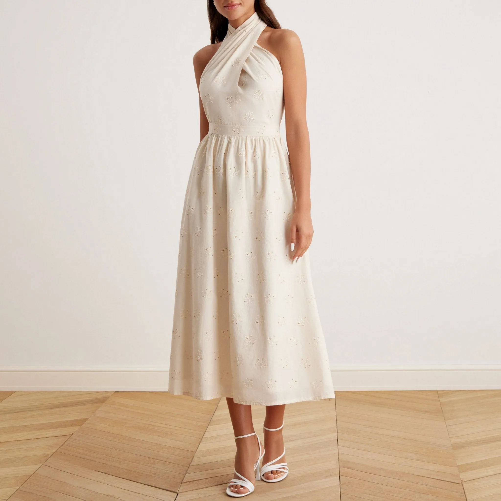 Twist Tie Embroidered Midi Dress in Cotton