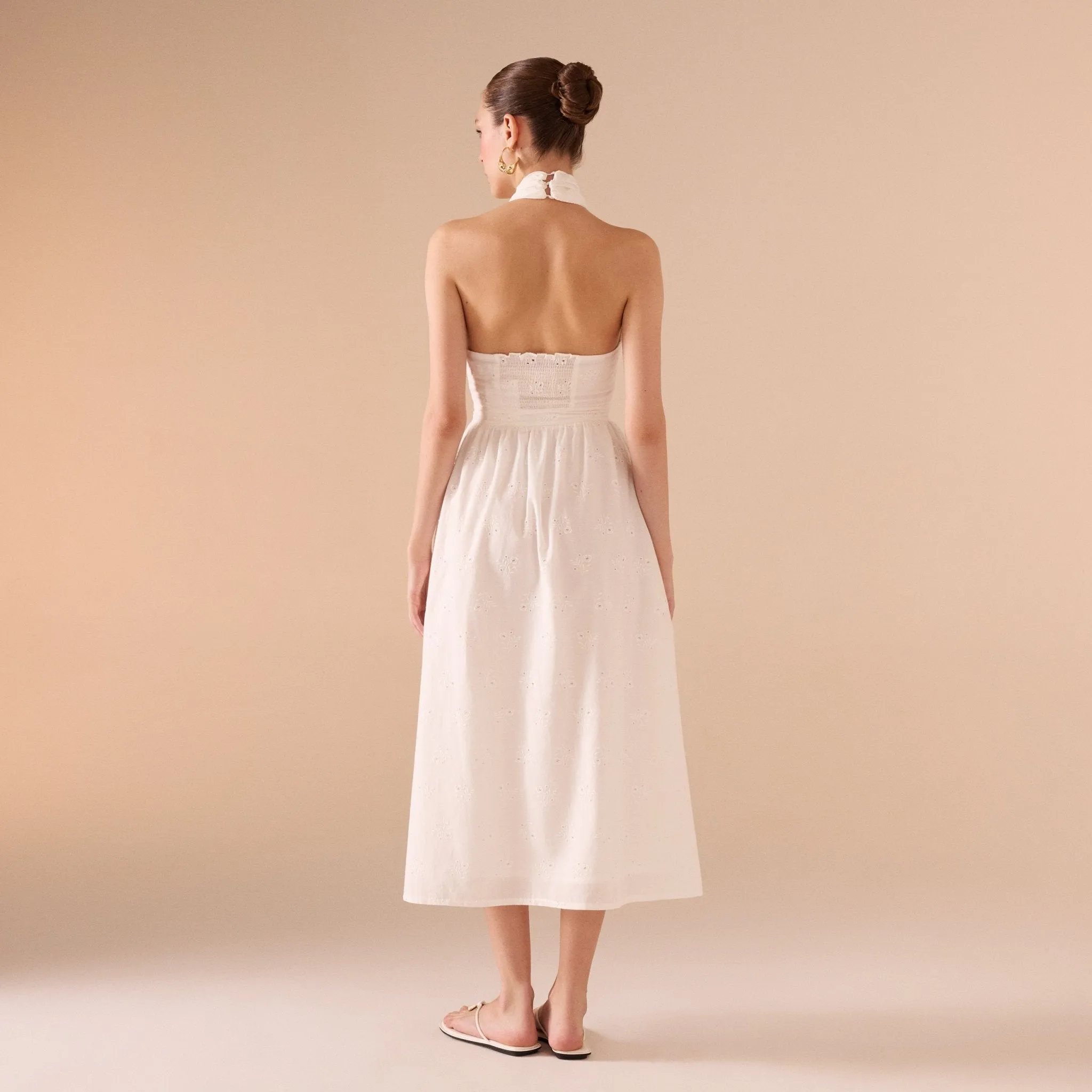Twist Tie Embroidered Midi Dress in Cotton
