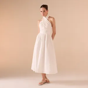 Twist Tie Embroidered Midi Dress in Cotton