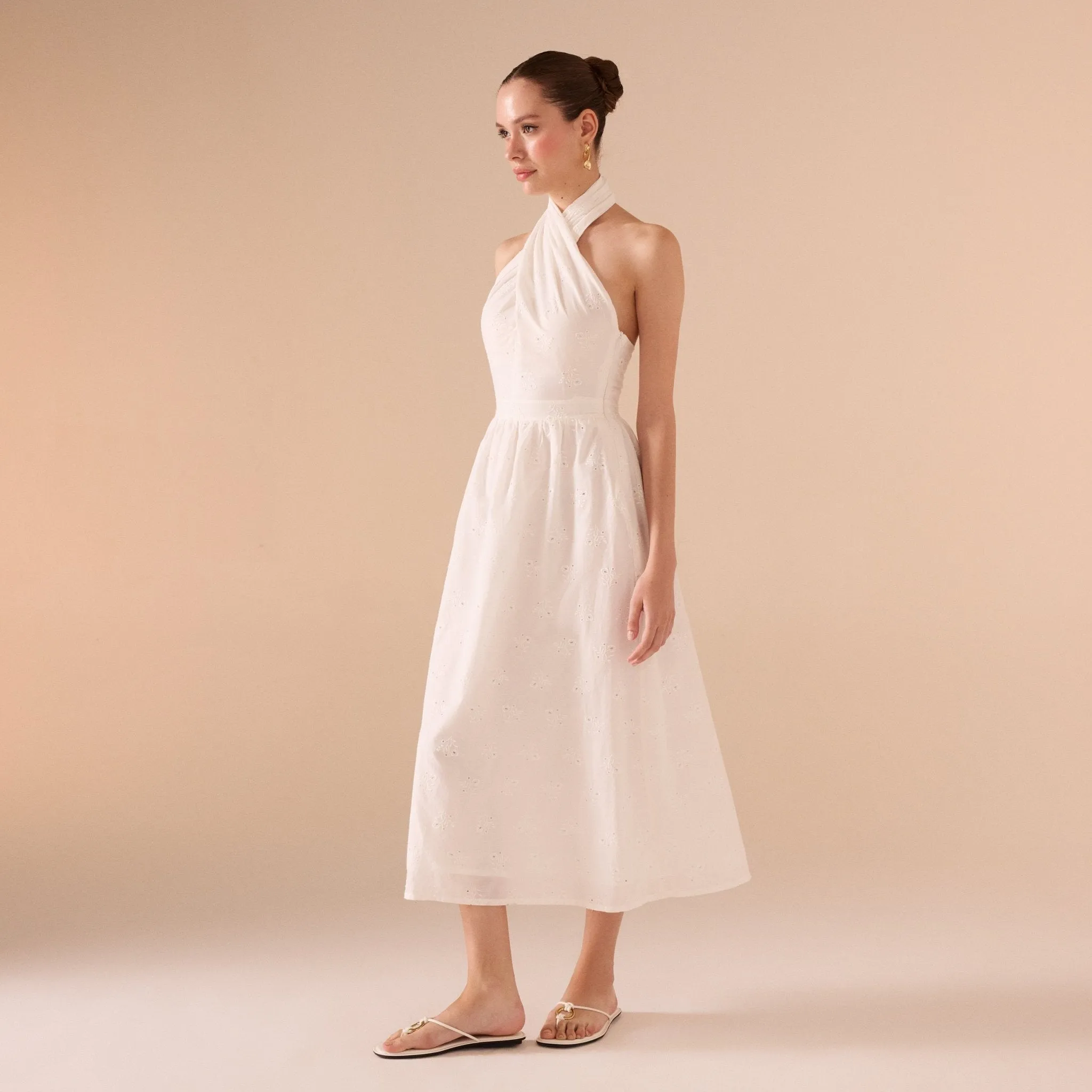 Twist Tie Embroidered Midi Dress in Cotton