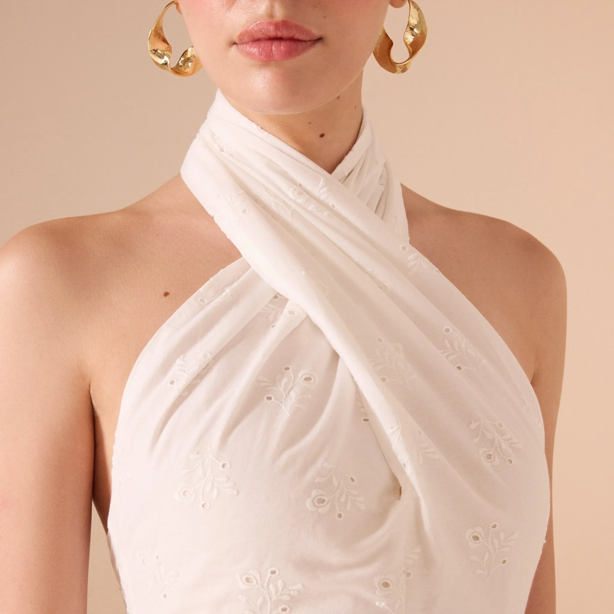 Twist Tie Embroidered Midi Dress in Cotton