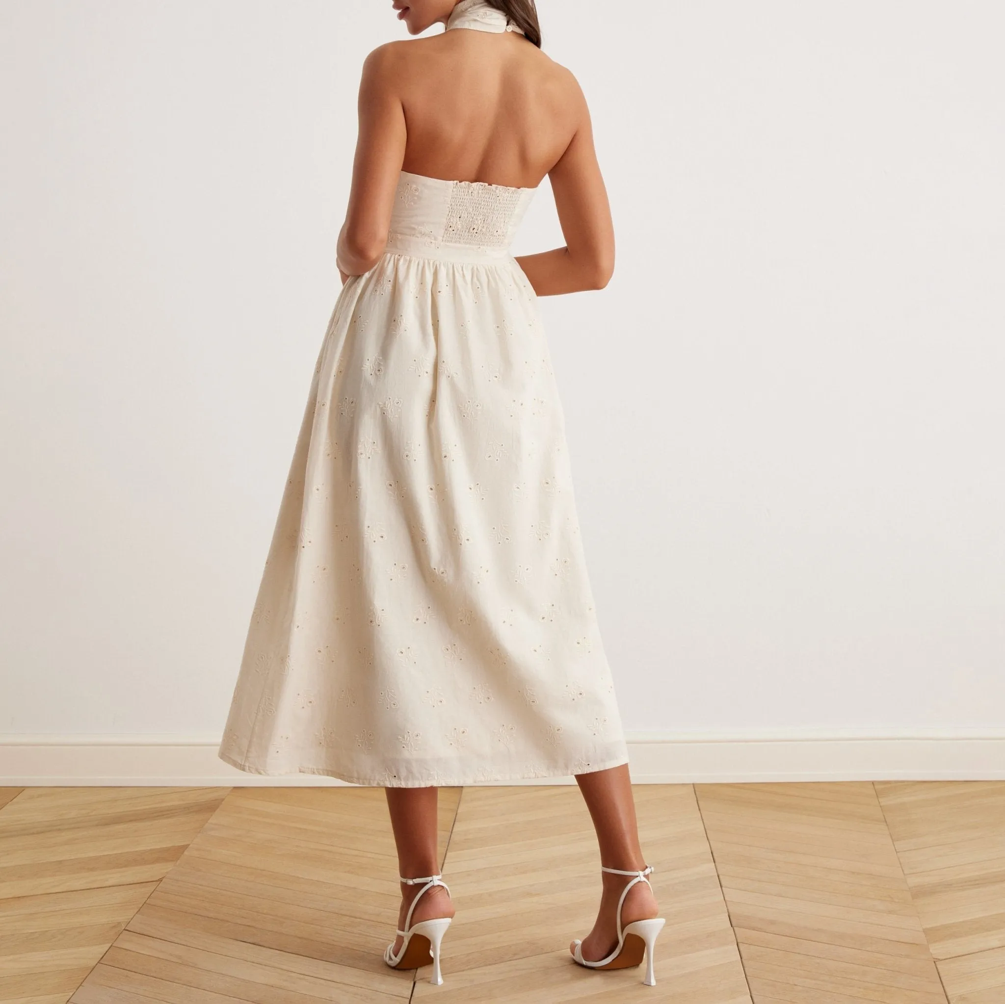 Twist Tie Embroidered Midi Dress in Cotton