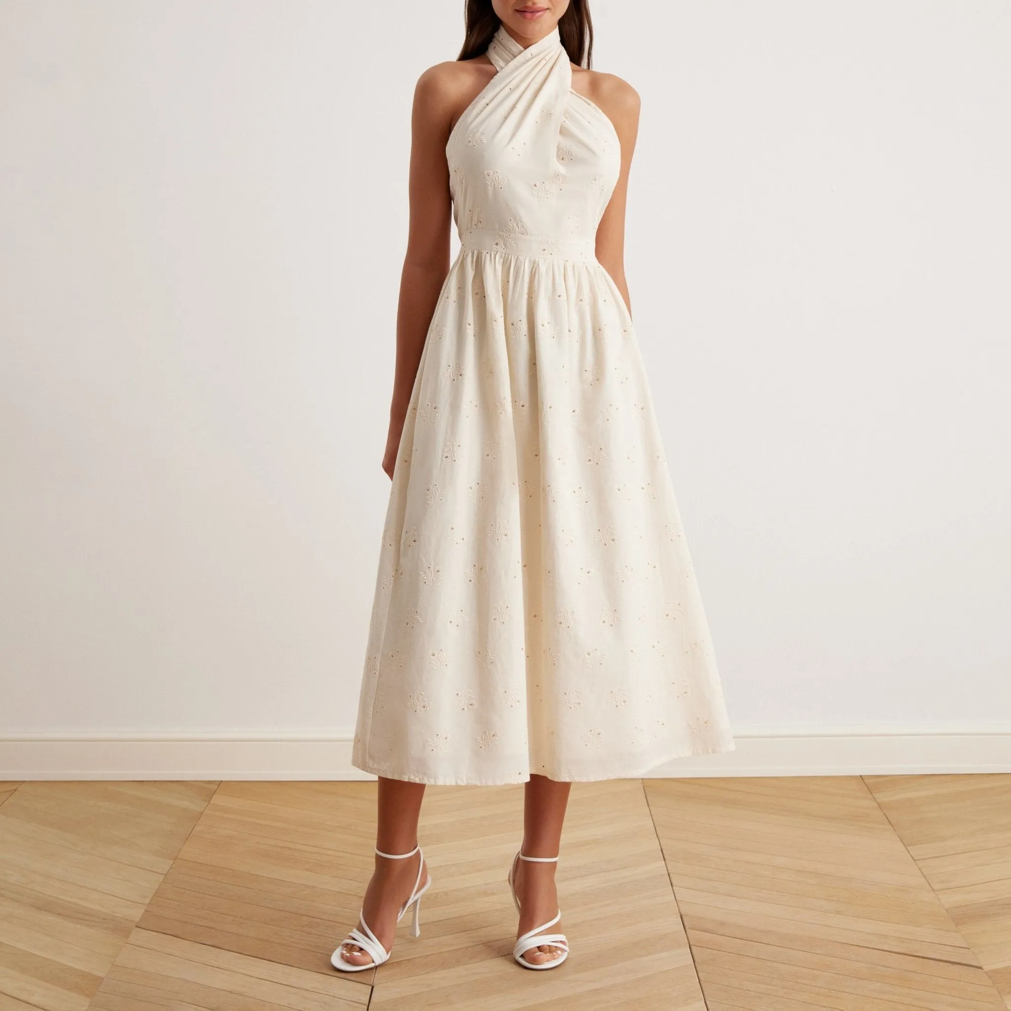 Twist Tie Embroidered Midi Dress in Cotton