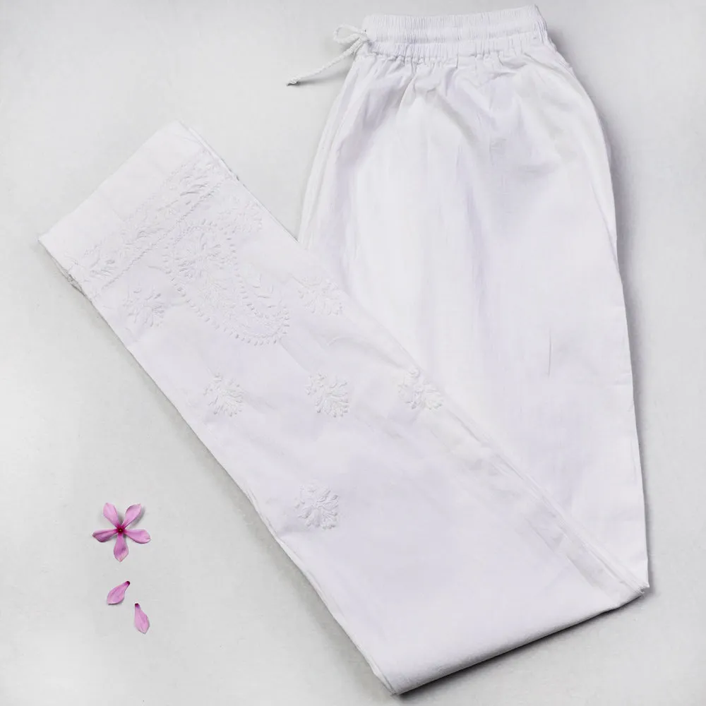 White - Chikankari Hand Embroidery Cotton Lycra Cropped Pant (Free Size)