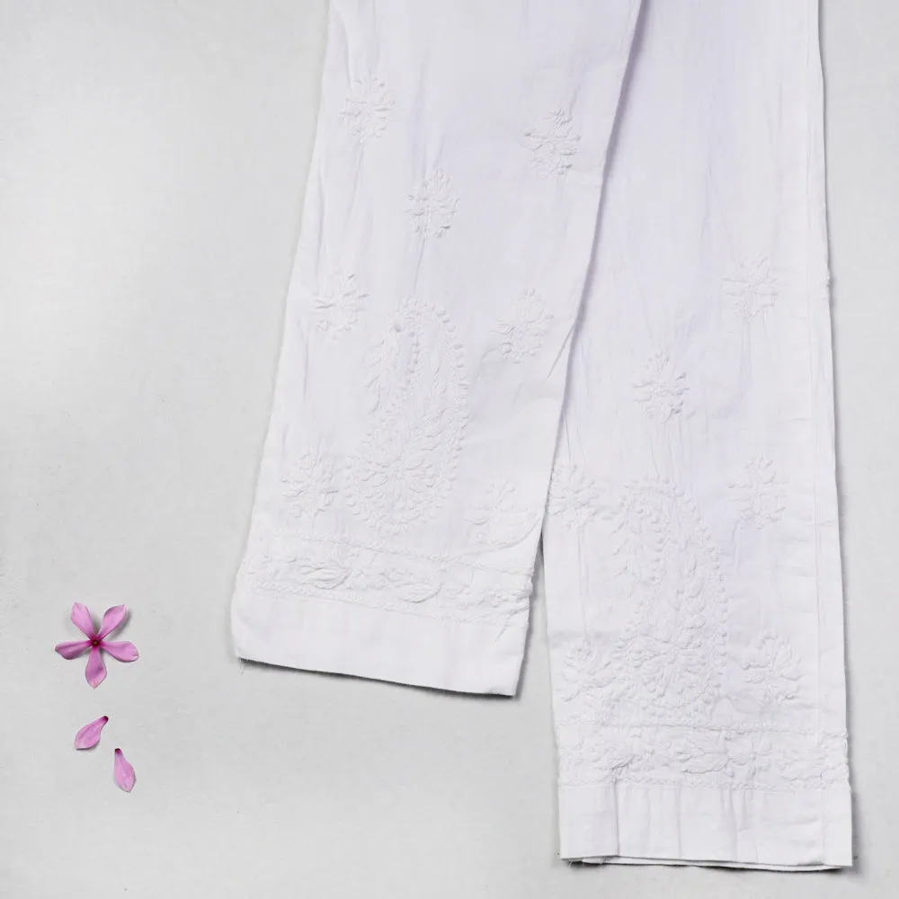 White - Chikankari Hand Embroidery Cotton Lycra Cropped Pant (Free Size)