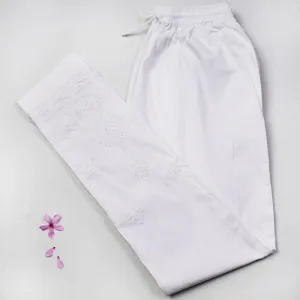 White - Chikankari Hand Embroidery Cotton Lycra Cropped Pant (Free Size)