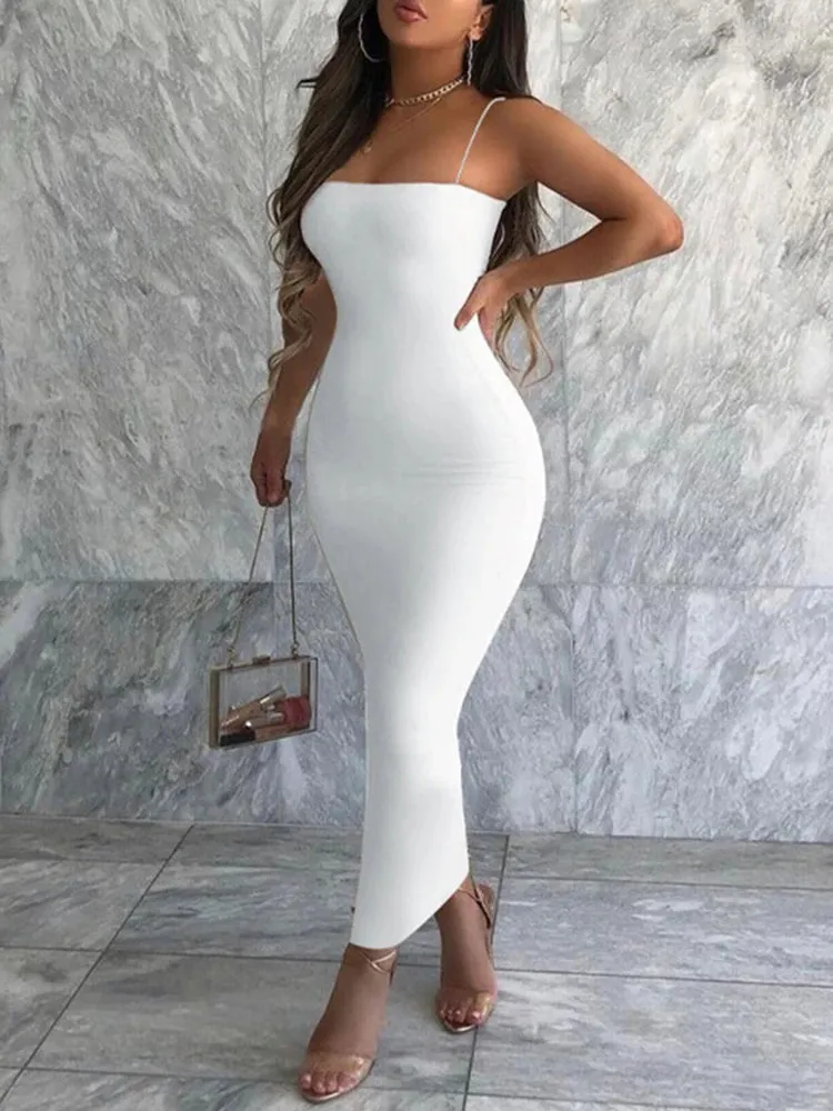 Womens Sexy Sleeveless Backless Solid Spaghetti Strap Bodycon Elegant Dress