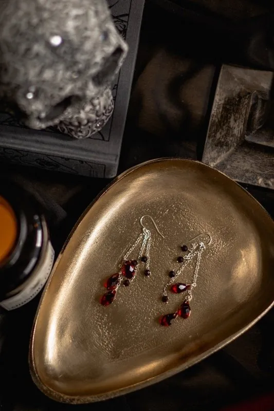 Xander Kostroma Blood Red Cut Glass Waterfall Earrings – 4cm Drop, Handmade with 925 Sterling Silver, Statement Jewelry for Halloween & Special Occasions