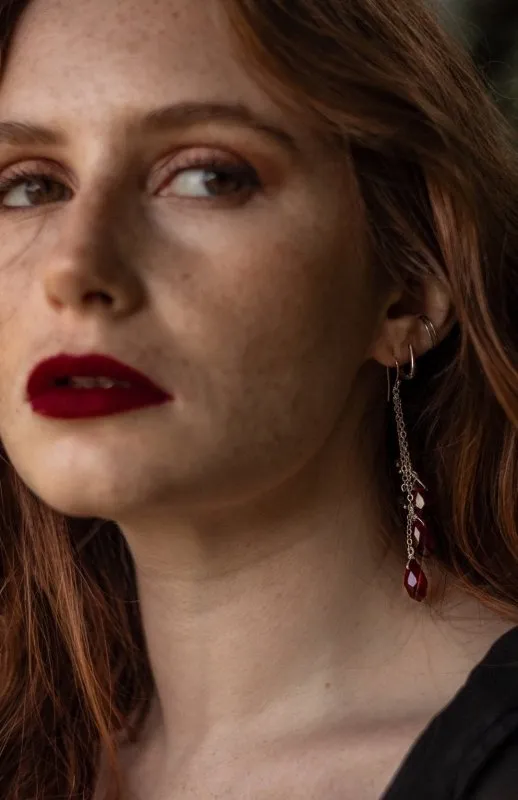 Xander Kostroma Blood Red Cut Glass Waterfall Earrings – 4cm Drop, Handmade with 925 Sterling Silver, Statement Jewelry for Halloween & Special Occasions